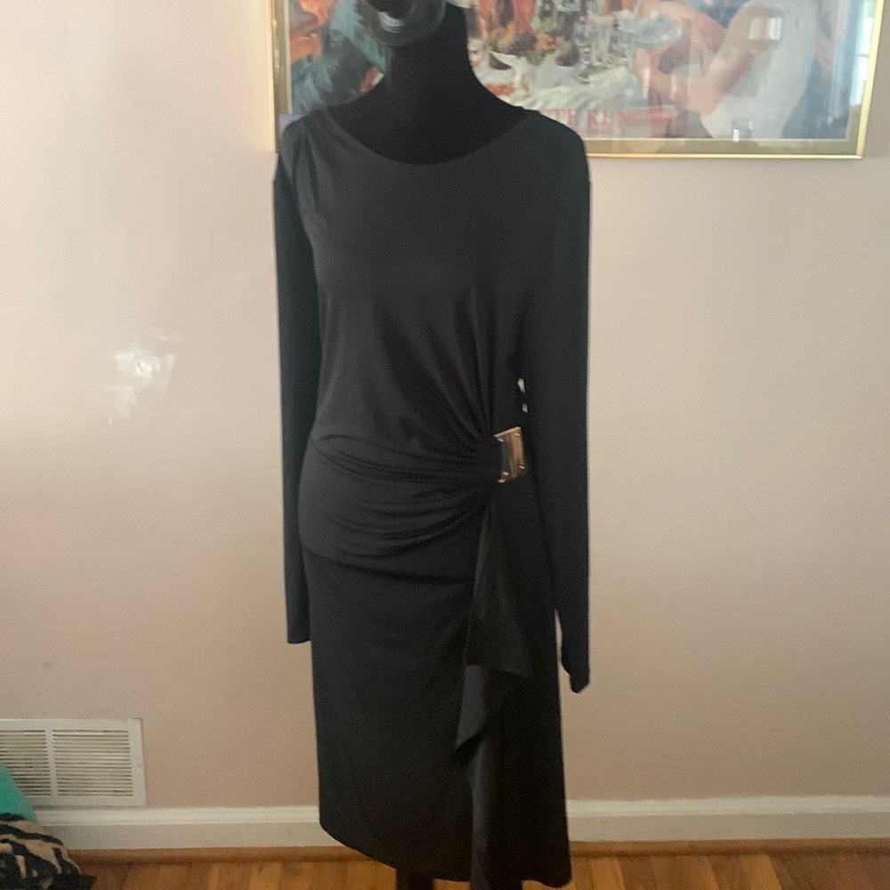 Puntroma Black Ruched Knee Length Long Sleeve Dress- Size 0XL